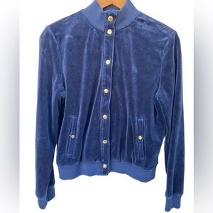 Lauren Ralph Lauren PLarge Velour Track Jacket Navy Blue/Gold Snaps Mock Neck